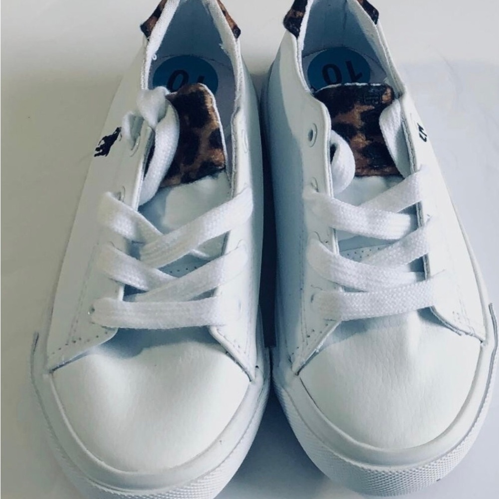 Polo by Ralph Lauren White and Brown Leopard Accent Sneakers Girls Sz 10 NWOB